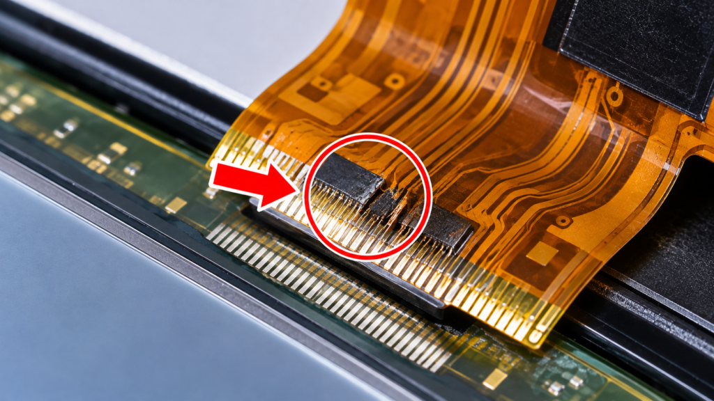 Primer plano de chip dañado en cable flexible